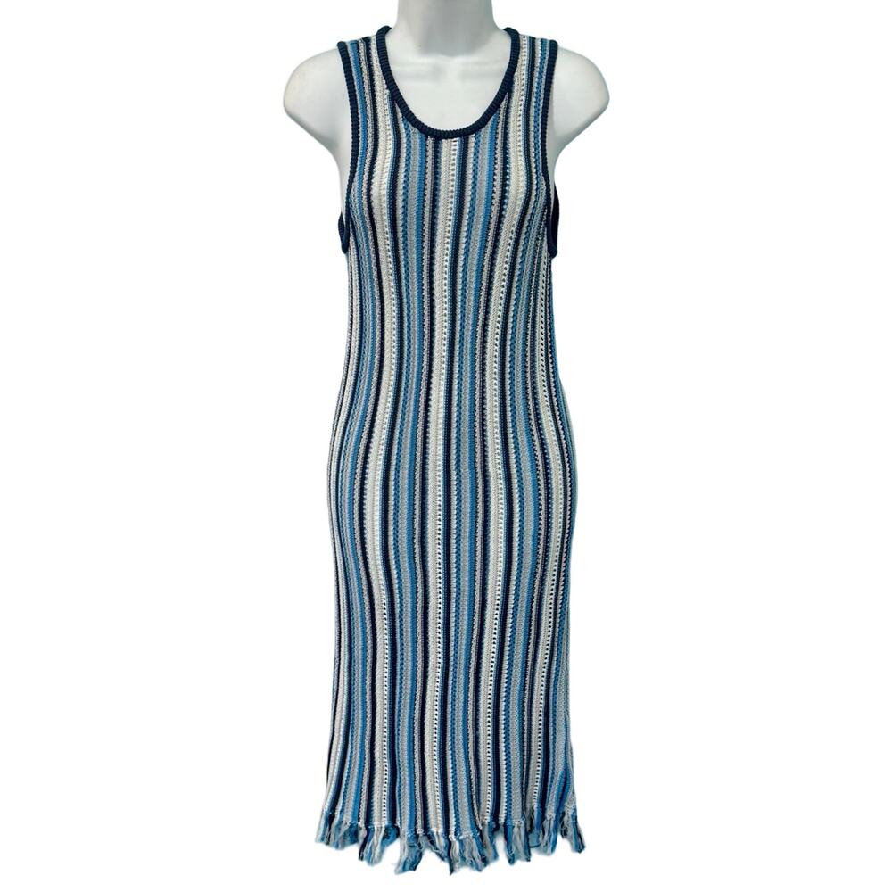 White + Warren Blue White Stripe Mercerized Cotton Fringe Midi Dress XS NEW Tags